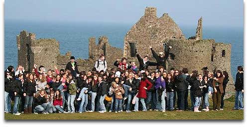 tour group at Irish ruins